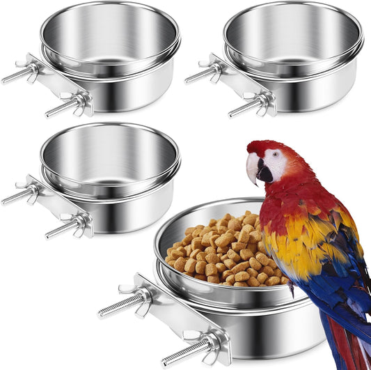 ToLanbbt 4 Pcs Stainless Steel Bird Food Bowls Water with Double Screws and Clamp Holders, Parrot Feeding Dish Cups Parrot Cage Coop Feeders for Cockatiel Conure Budgie Parakeet Macaw Small Animal, M