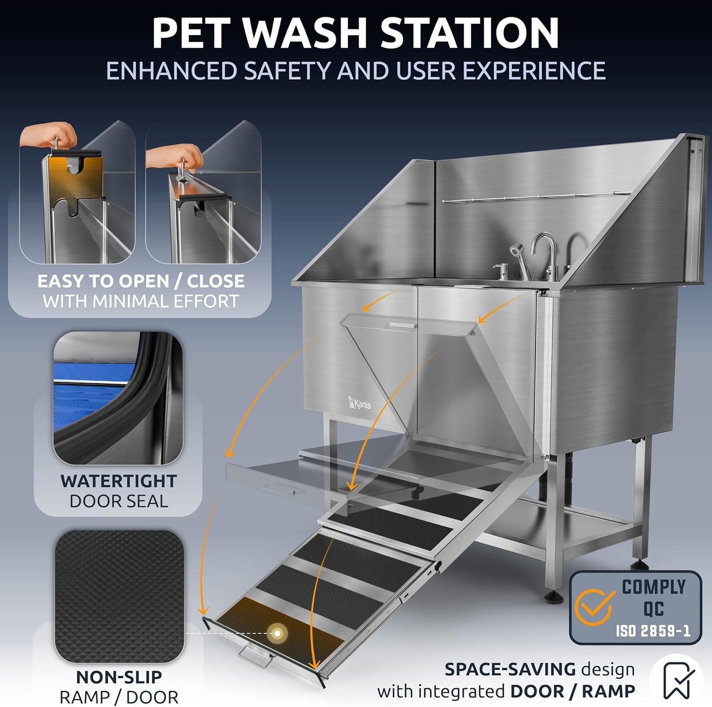 KANIS Professional Dog Washing Station - 304 Stainless Steel Pet Wash Sink & Grooming Bathtub w/Shower, Floor Grates and Storage for Large, Medium & Small Pets (50", Shelf - Right Ramp)