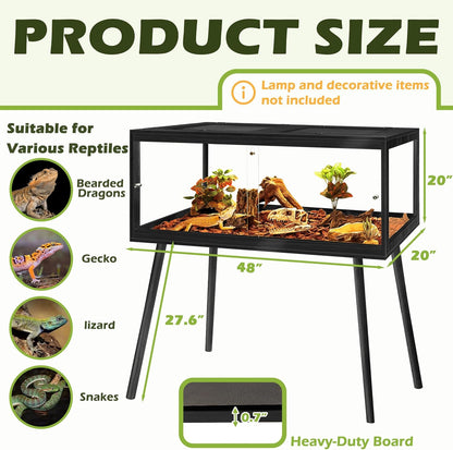 PROLEE Bearded Dragon Tank with Leg,Tempered Glass Lizard Tanks and Reptile Enclosure,Up to 78 Gallon Reptile Tank with Metal Mesh and Lockable Door for Snakes,Chameleon (Black, 78Gallons,48inch)