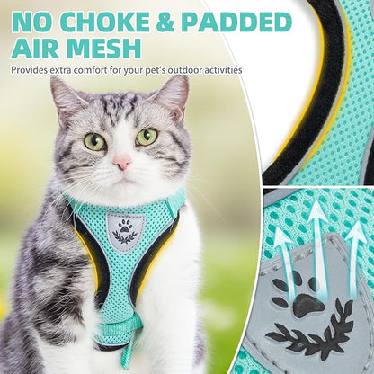 PUPTECK Cat Harness and Leash Set Escape Proof Reflective Cat Walking Harness Adjustable Soft Breathable Mesh Vest for Small Pets, Aquamarine, XS
