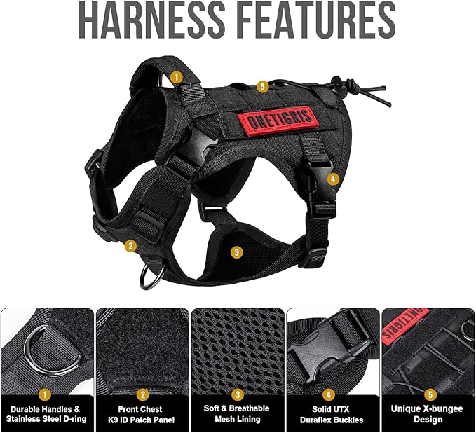 OneTigris Tactical Dog Harness Vest,No-Pull Service Dog Vest with Hook & Loop Panels,Adjustable Dog Vest Harness for Walking Hiking Training(Black,XS)