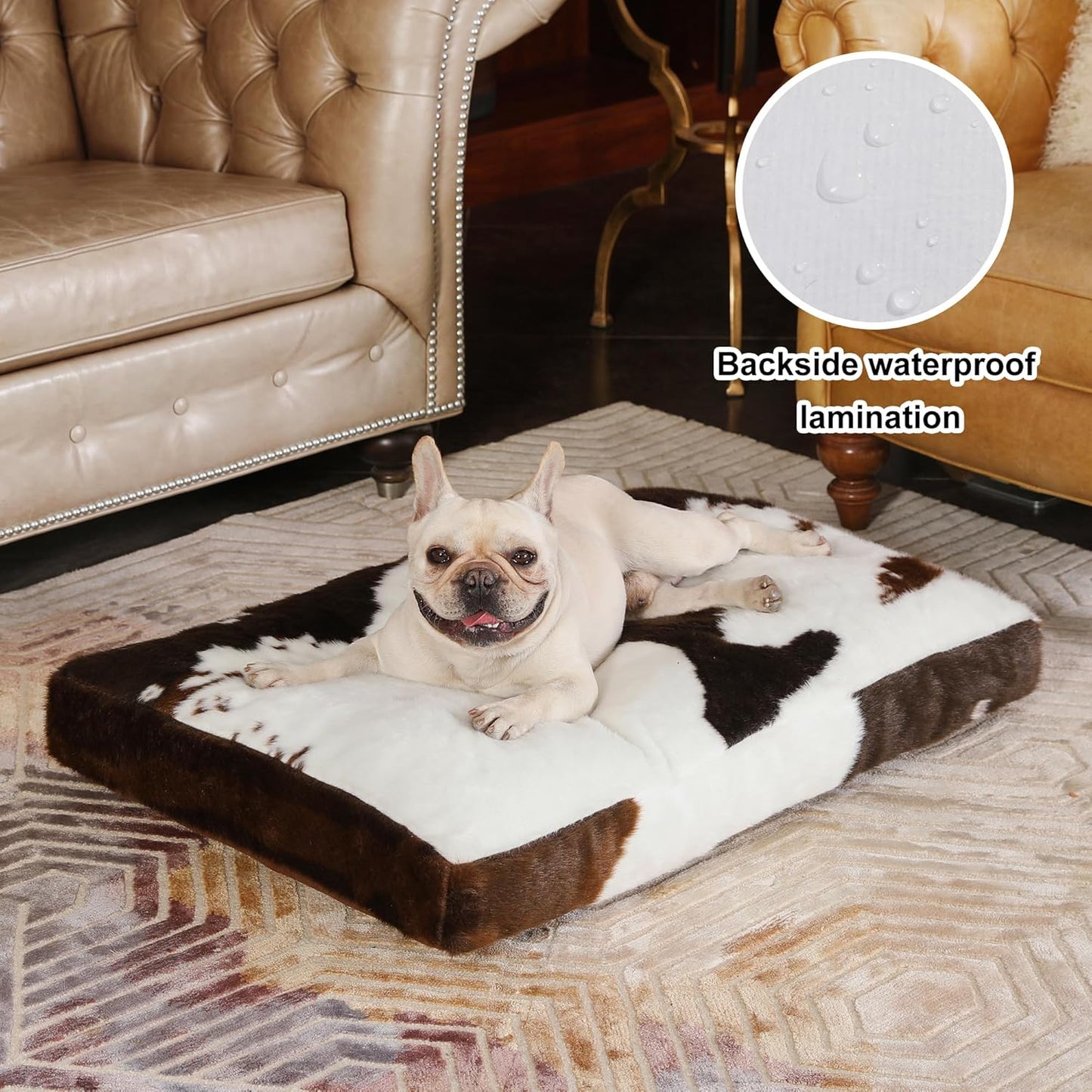 Bedfolks Waterproof Crate Bed, Plush Dog Kennel Pad with Removable Washable Cover, Faux Fur, Fluffy 35"x23", Cow Print