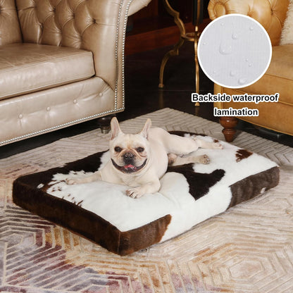 Bedfolks Waterproof Crate Bed, Plush Dog Kennel Pad with Removable Washable Cover, Faux Fur, Fluffy 35"x23", Cow Print