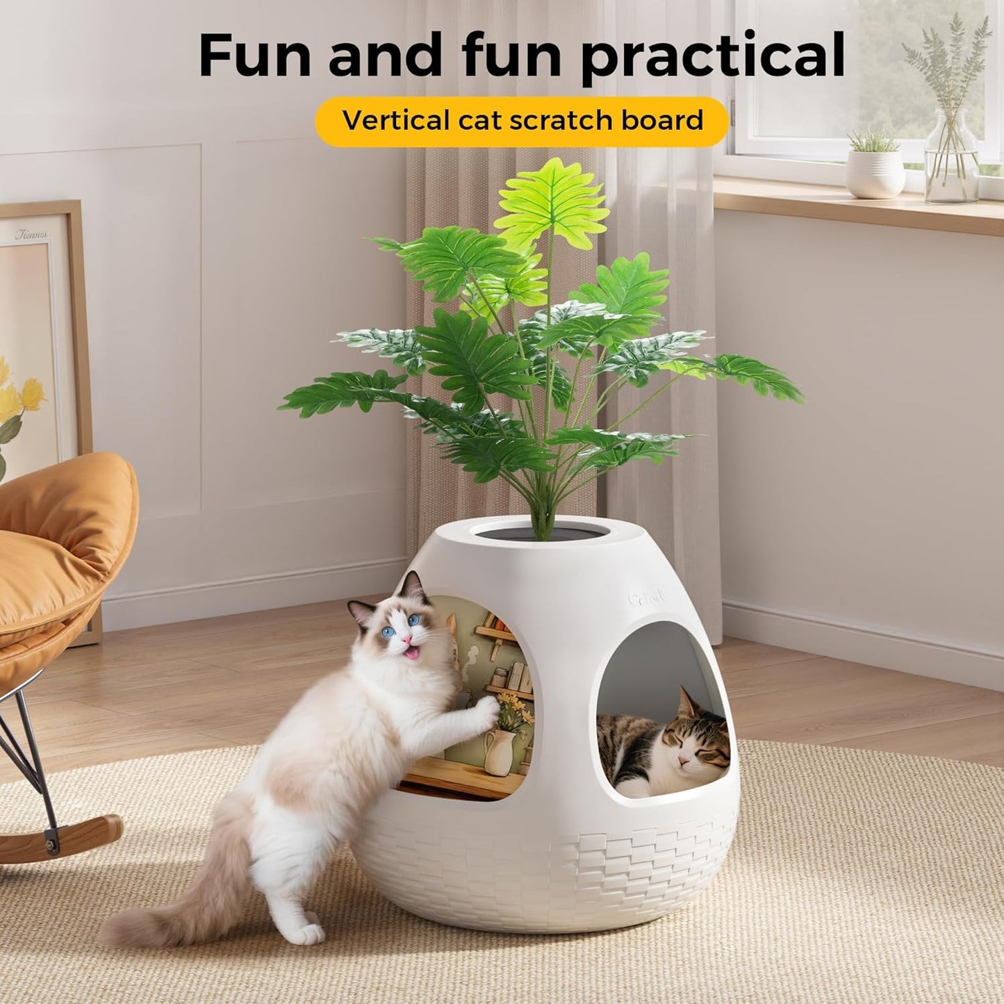 Copod8 Cat Cave, 3-in-1 Kitty House Condo with Plant, Cat Cushioned Bed, Cat Scratchers, Modern Cat Pet Furniture for Indoor, Kitty Hiding Spot (White, M)