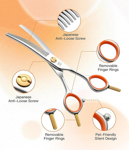 Fenice Peak 6'' Small Curved Thinneing Scissors Lightweight Dog Cat Grooming Scissors with Safety Round Tip JP440C Stainless Steel