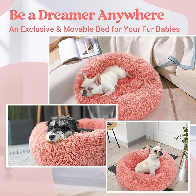 rabbitgoo Calming Dog Bed for Small Medium, 27 inches Pet Bed Machine Washable, Non-Slip Round Fluffy Plush Faux Fur, Soft Donut Cuddler Cushion for Small Dogs, Pink