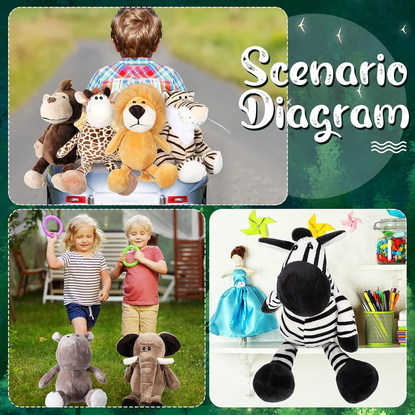 HyDren 20 Pcs Safari Stuffed Animals - 11.8'' Plush Jungle Wild Animals Cute Elephant, Giraffe, Lion, Tiger, Monkey Stuff Animals Soft Plush Animals in Bulk - Toy for Toddler, Baby Jungle Party