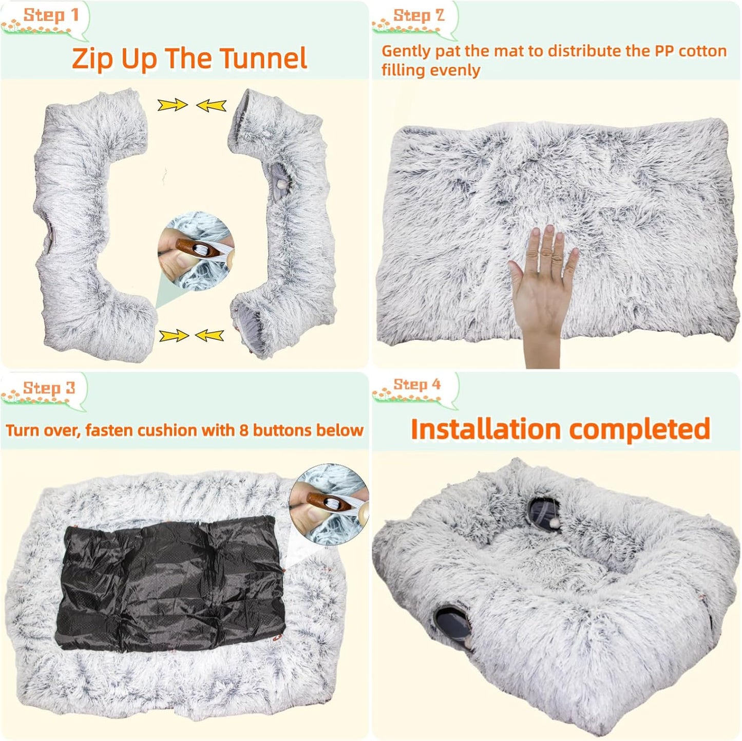 XxingSheep 4 Cave Shuttled XL Cat Tunnel Bed for Indoor Cats Peekaboo Toy Donut with Warm Mat, White