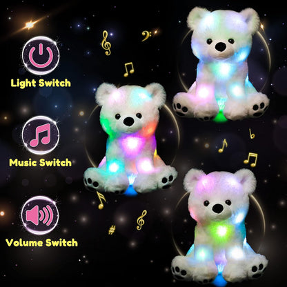 Hopearl LED Musical Stuffed Polar Bear Lighting Up Singing Plush Toy Adjustable Volume Lullaby Animated Soothe Birthday Festival for Kids Toddler Girls, White, 11''