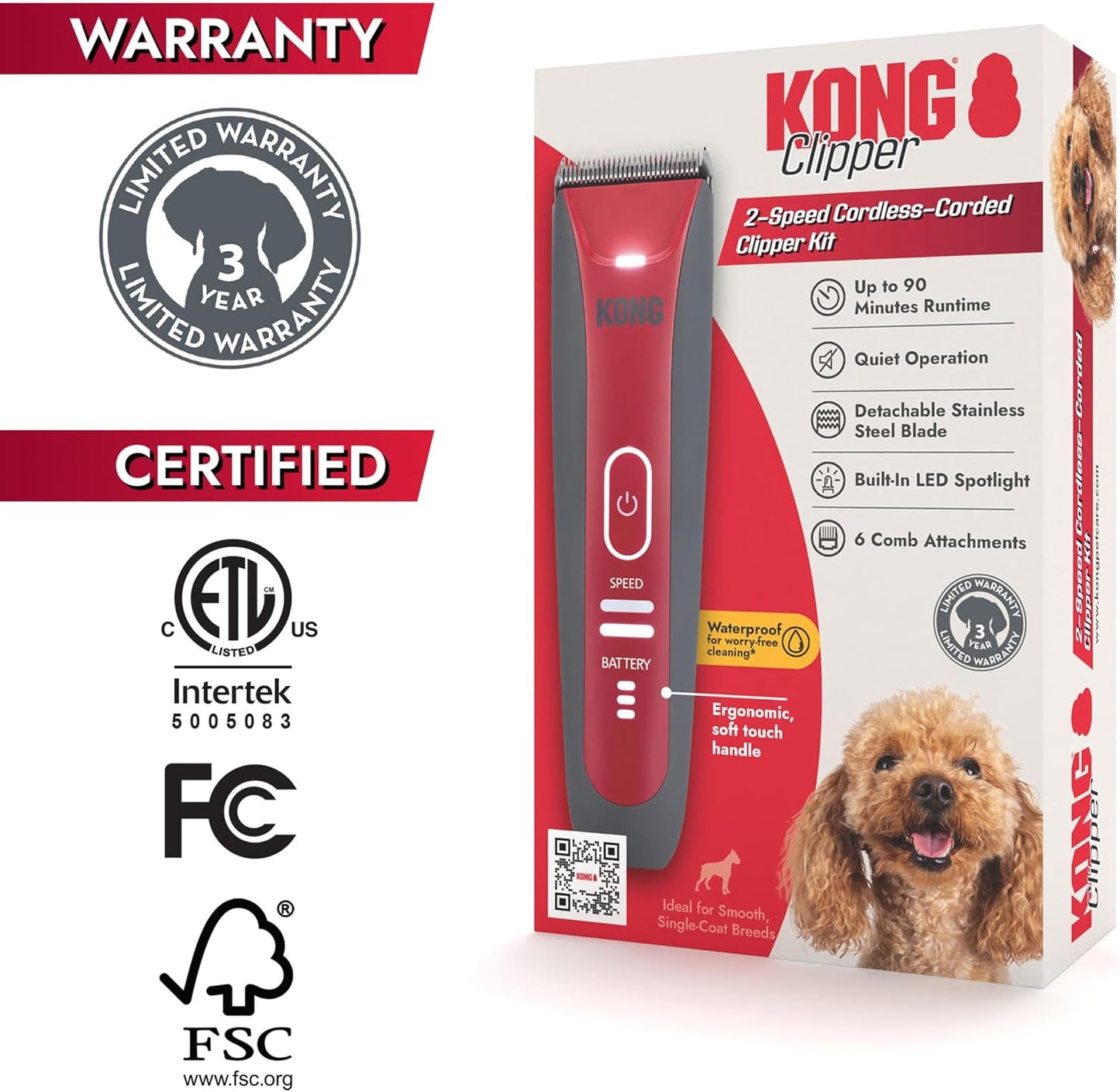 KONG 2-Speed Cordless-Corded Dog Clipper Kit – Stainless Steel Blade, Waterproof, LED Spotlight, Use-While-Charging, 6 Guide Combs, Ergonomic Handle – Red/Gray, Medium Coat Types