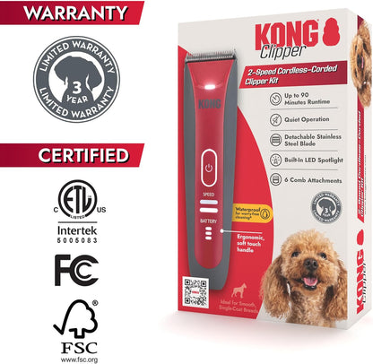 KONG 2-Speed Cordless-Corded Dog Clipper Kit – Stainless Steel Blade, Waterproof, LED Spotlight, Use-While-Charging, 6 Guide Combs, Ergonomic Handle – Red/Gray, Medium Coat Types