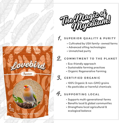 Mycelium Premium Millet – Organic, Non-GMO, High Nutritional Value Bird Food for Lovebirds, Sourced from Local USA Farms, Sustainable Farming, 5 lbs
