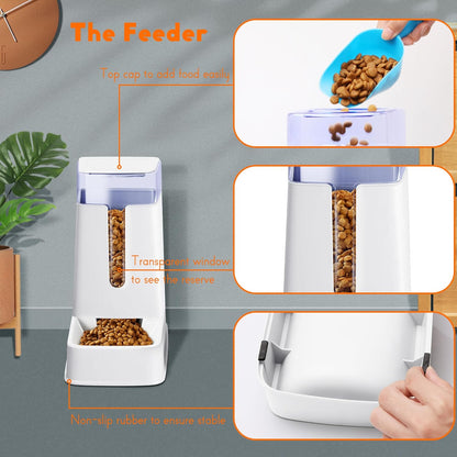 2 Packs Automatic Cat Feeder and Waterer, Gravity Dog Food and Water Dispenser Set for Small Medium Big Pets Cats Dogs Puppy Kitten, 1 Gallon x 2 (White)