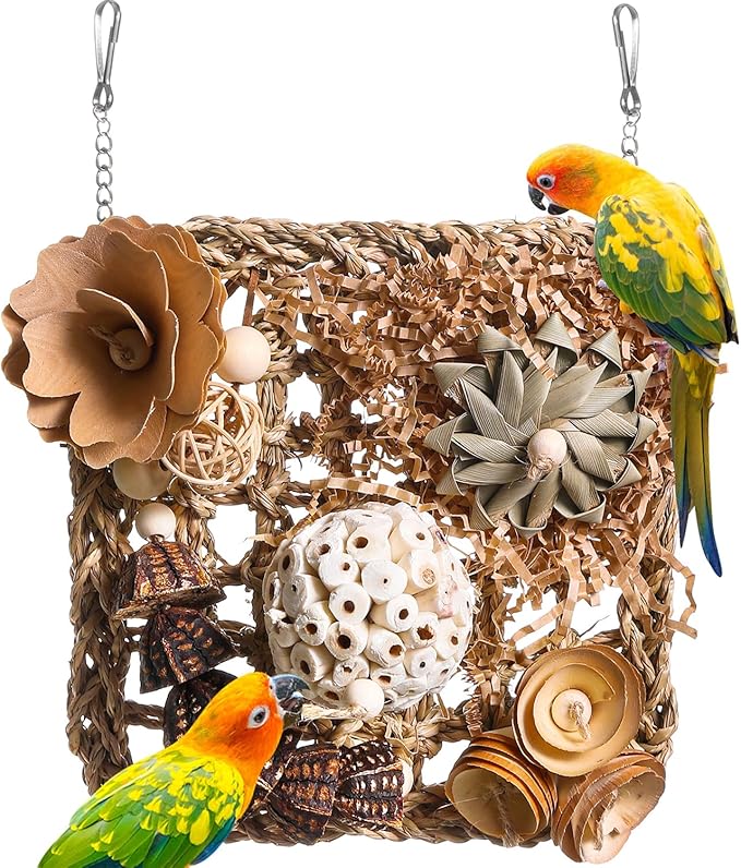 Bird Foraging Wall Toy, Seagrass Woven Climbing Hammock Mat with Chewing Toys,Parrot Shredding Hanging Toys for Cockatiel Lovebird Parakeet Budgie Small-Medium Birds (Small)