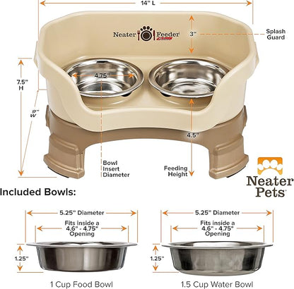 Neater Feeder Deluxe Mess Proof Cat Bowls Elevated for All Breeds – Made in USA – No Spill Raised Cat Bowls for Indoor Cats w/Leg Extensions – Stainless Steel Cat Food and Water Bowl Set - Beige