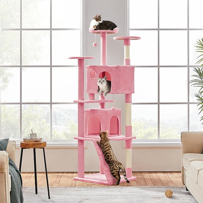 Yaheetech XL Cat Tree, 80in Multi-Level Cat Tower w/Scratching Posts, Double Condo, Perched Platforms and Dangling Balls, Pet Activity Center for Kittens Pets, Pink