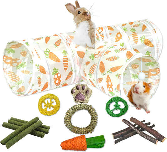 LUCKITTY Rabbit Tunnel Toy, Collapsible 3-Way Hideout Tunnel with Chew Toys for Rabbits, Guinea Pigs, Ferrets, Kittens & Small Pets - Orange & White Carrot Design (33"x20"x9.5")