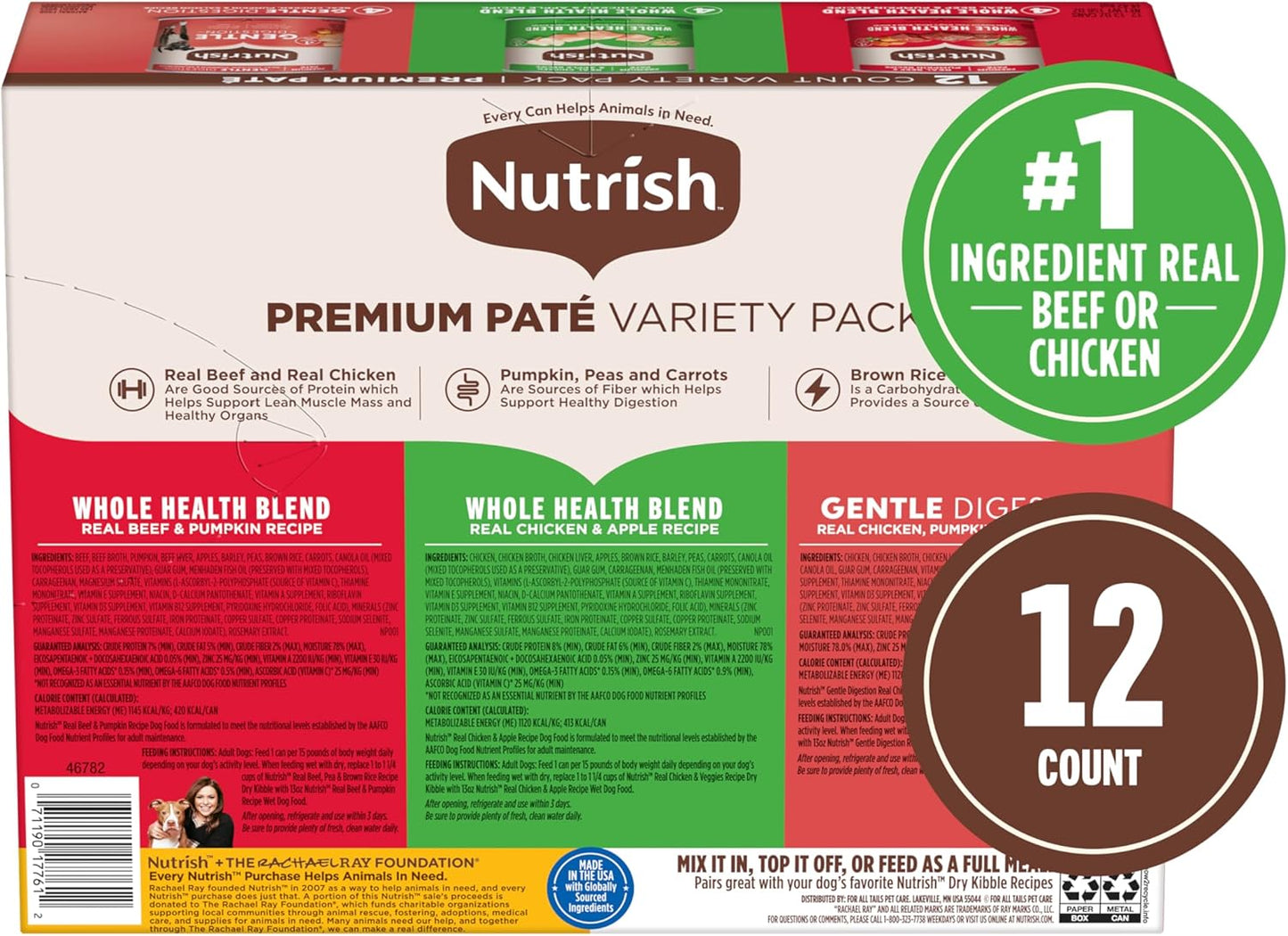 Nutrish Gentle Digestion and Whole Health Blend Premium Paté Variety Pack Wet Dog Food, 13 oz. Can, Pack of 12, Packaging May Vary (Rachael Ray)