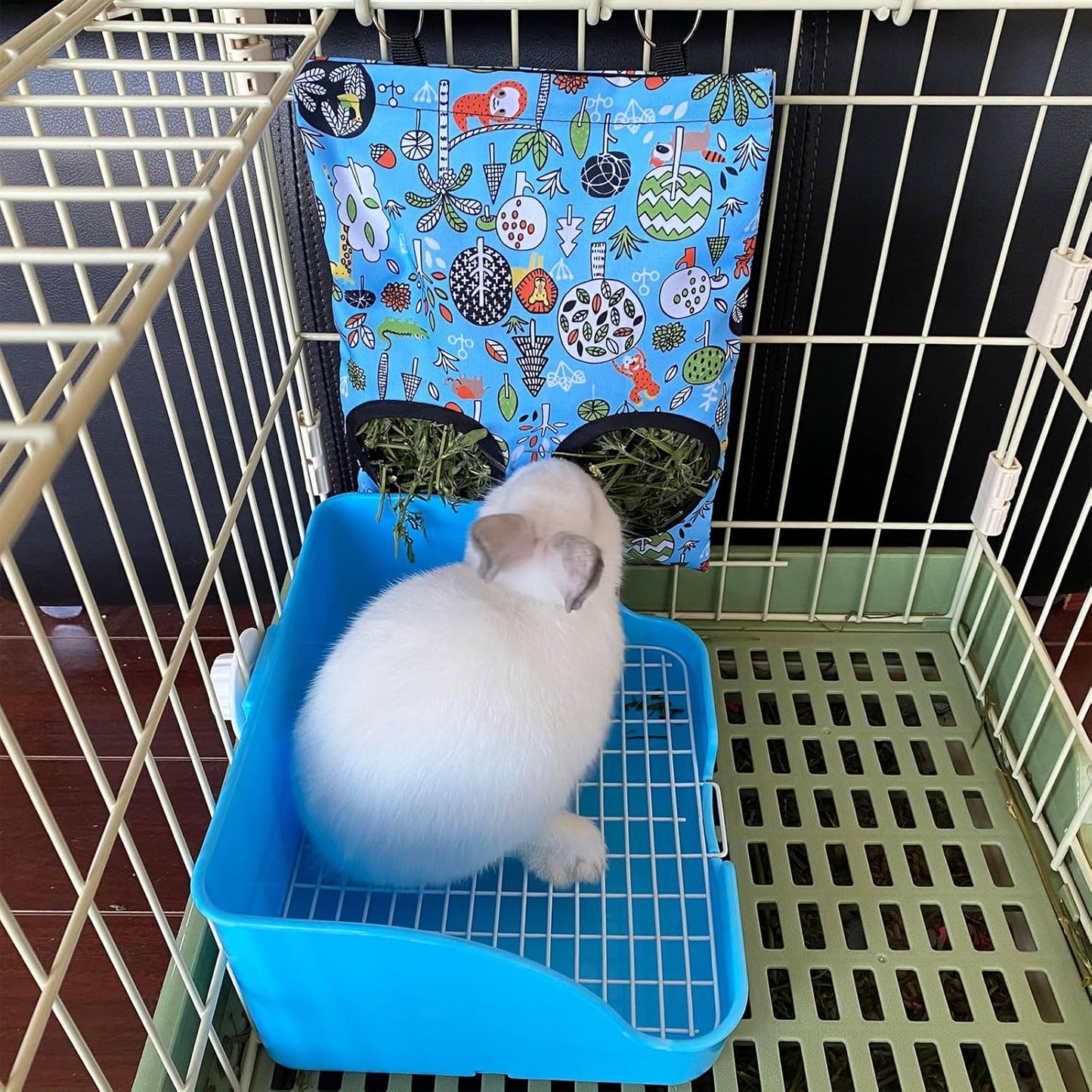 Rabbit Litter Box with Hay Bag, 4-in-1 Rabbit Potty Toilet Feeding Cleaning Set for Dwarf Bunny Guinea Pig Chinchilla (Blue)