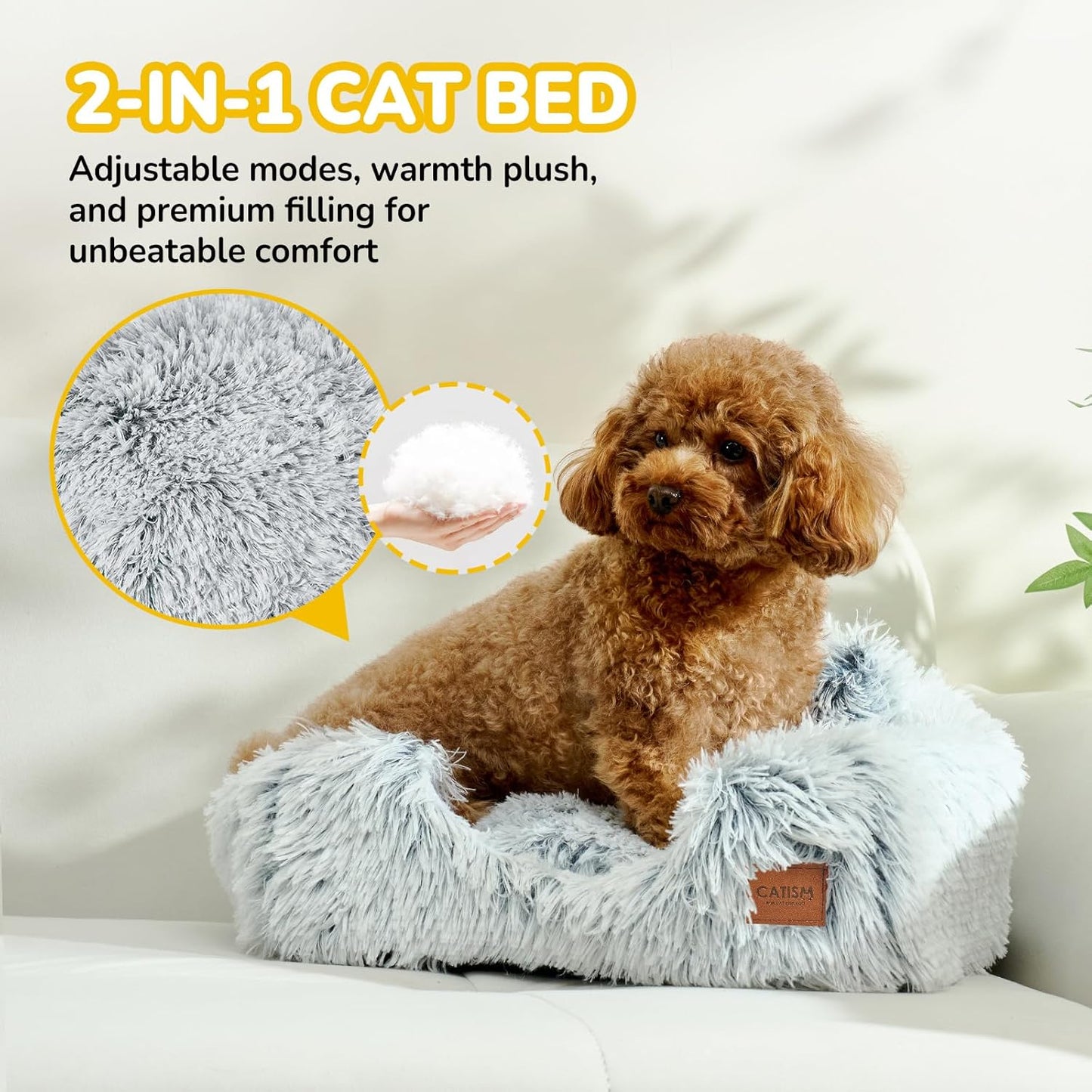 CATISM Cat Beds for Indoor Cats 2 in 1 Cat Bed Cave Machine Washable Fluffy Cat Cave Bed Foldable Non-Slip Washable Cushioned Pillow Soft Plush Premium Cotton Pet Bed for Kittens and Small Dogs Gray L