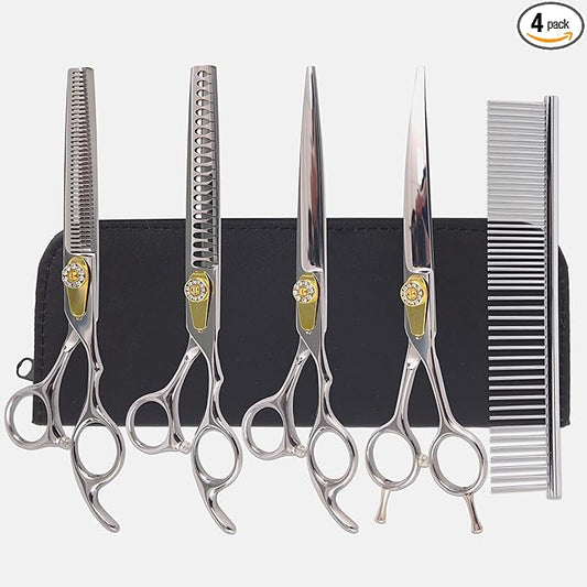 7 Inch Professional Dog Grooming Scissors Kit, 6-in-1 Grooming Scissors for Dogs, Pet Grooming Shears Set, Straight Scissor & Thinning Shear & Curved Scissor & Chunker Shear (Silver)