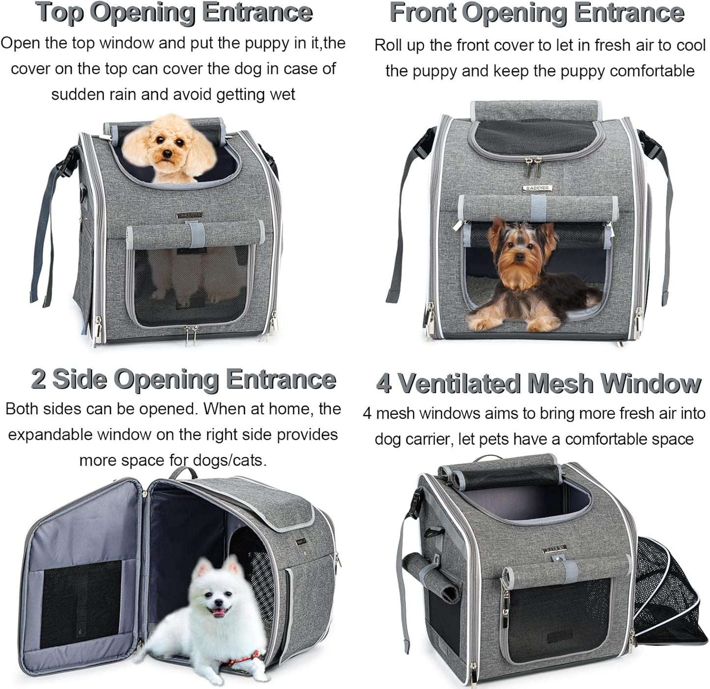 Dog Bike Basket, Expandable Soft-Sided Pet Carrier Backpack with 4 Open Doors, 4 Mesh Windows for Small Dog Cat Puppies - Grey