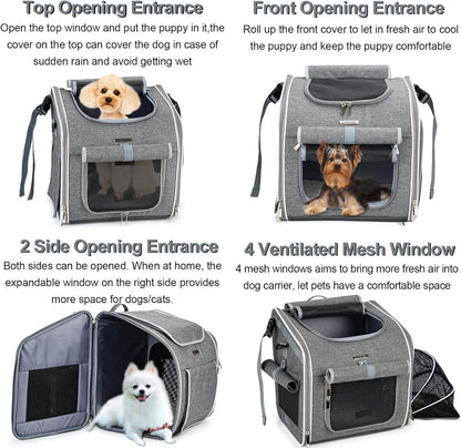 Dog Bike Basket, Expandable Soft-Sided Pet Carrier Backpack with 4 Open Doors, 4 Mesh Windows for Small Dog Cat Puppies - Grey