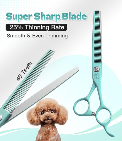 Fenice Peak 7" Professional Dog Grooming Scissors Set, Japanese 440C Stainless Steel Straight Thinning Curved Chunker Shears for Pet Grooming, Trimming Face, Paws, Green