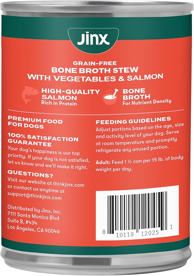 Jinx Bone Broth Stew for Dogs - Salmon & Vegetables Recipe - Grain-Free Wet Dog Food & Topper for Picky Eaters - Promotes Lean Muscle Growth, A Healthy Coat & Improved Digestion - 13 Oz, 12 Pack