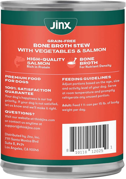 Jinx Bone Broth Stew for Dogs - Salmon & Vegetables Recipe - Grain-Free Wet Dog Food & Topper for Picky Eaters - Promotes Lean Muscle Growth, A Healthy Coat & Improved Digestion - 13 Oz, 12 Pack