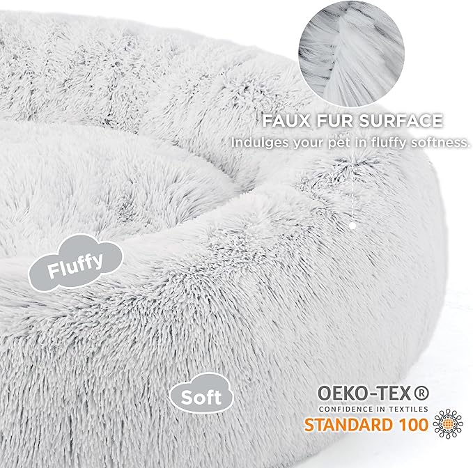 Bedsure Calming Dog Bed for Large Dogs - Donut Washable Large Pet Bed, 36 inches Anti-Slip Round Fluffy Plush Faux Fur Dog Bed, Fits up to 80 lbs Pets, Frost Grey