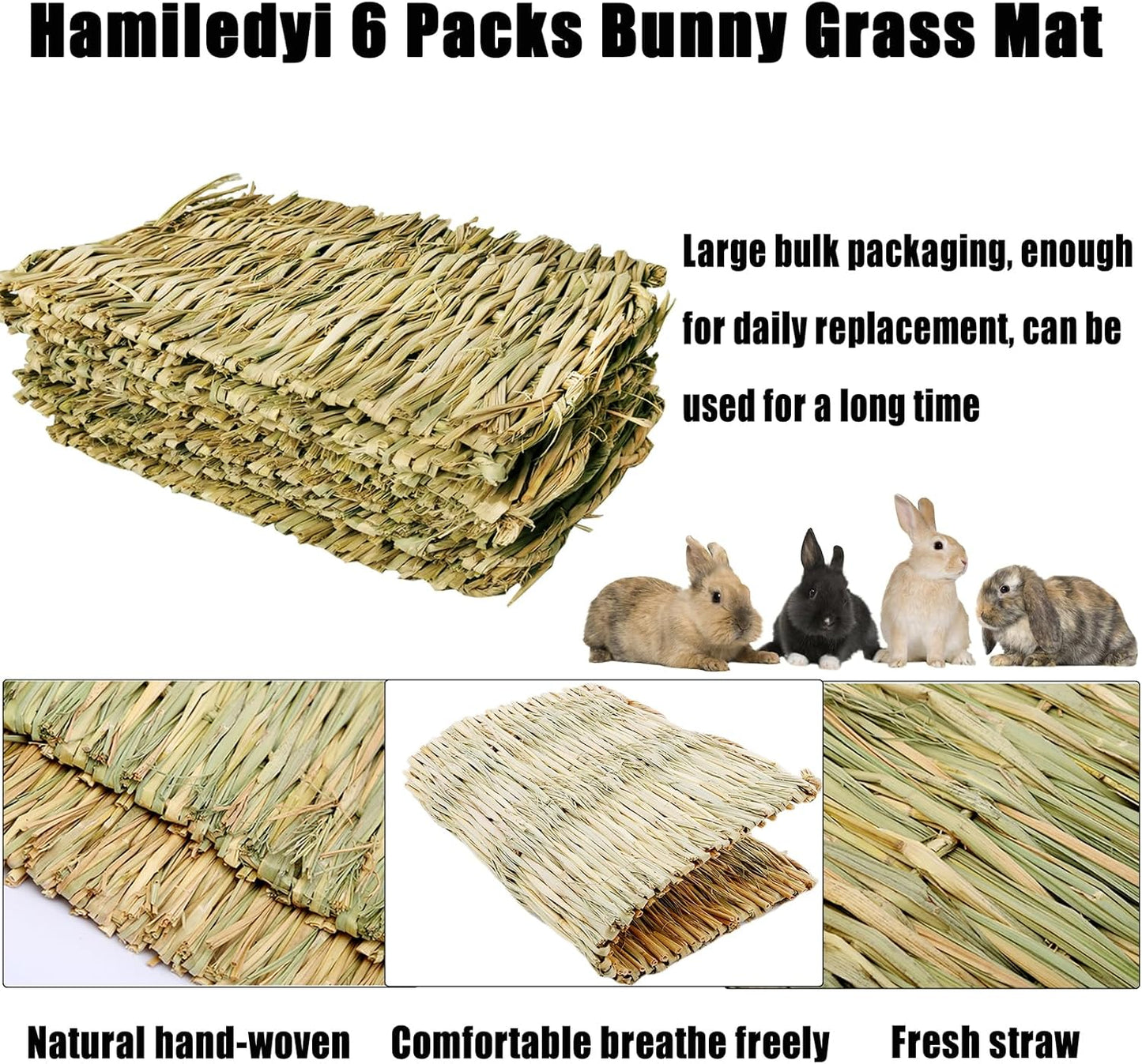 Hamiledyi Rabbit Grass Mat 15.75"x11" Large Natural Woven Hamster Grass Bed Nest Small Animal Handmade Bedding Hay Mat Chewing Play Toy for Guinea Pig Chinchilla Rabbit Squirrel Hedgehog(6 Pack)