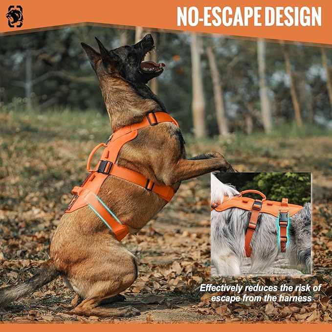 OneTigris Escape Proof Dog Harness, No Pull Dog Harness with Handles, Tactical Multi-Use Support Dogs Harnes for Large Dogs Everyday Wear Walking Hiking Training (Orange, X-Large)