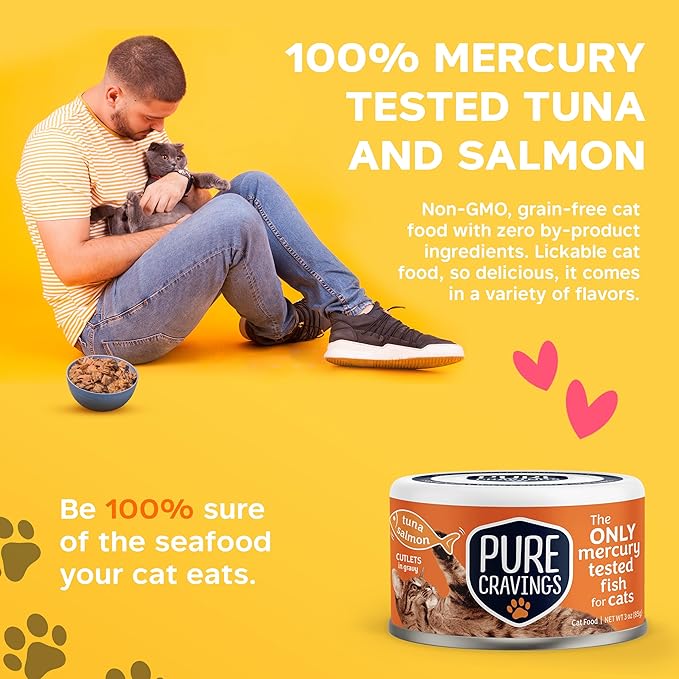 Pure Cravings Wet Cat Food Canned Tuna and Salmon Cutlets in Gravy, 100% Mercury-Tested, Moist Can Fish for Cats, Grain-Free, Protein, Non-GMO, Pack of 12