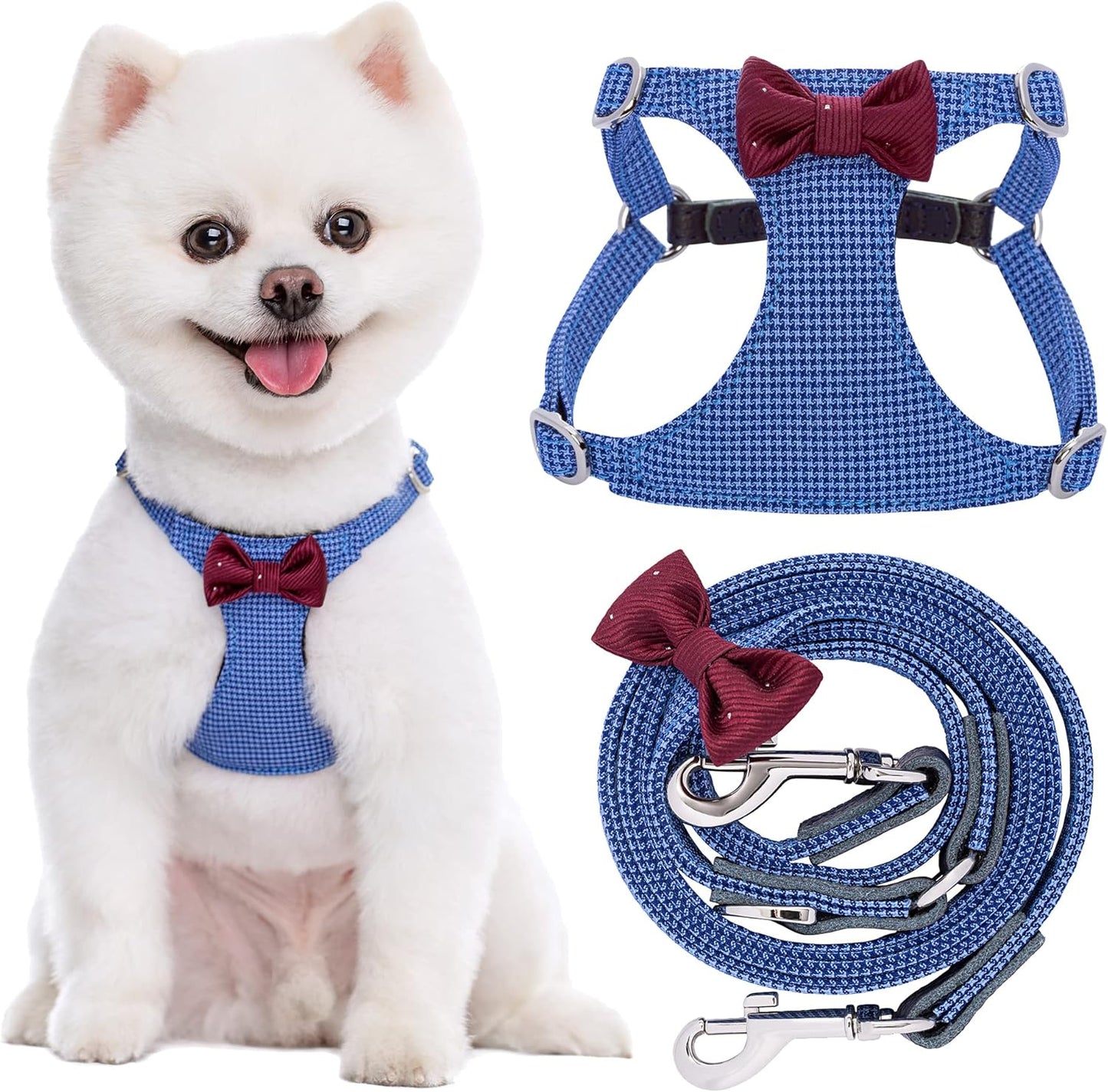 Puppytie No Pull xs Dog Harness with Multifunction Dog Leash,Soft Adjustable No Choke Escape Proof Pet Harness Vest,Plaid Blue,xs