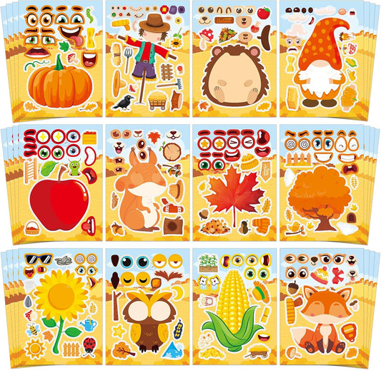 Aowplc 48 Sheets Fall Make a Face Stickers, 12 Designs Fun Fall Crafts for Kids, Autumn Festival Party Favors, Classroom Activities & Games