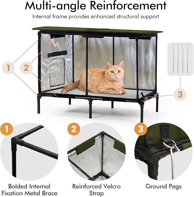 Heated Outdoor cat House for Outside, Weatherproof Insulated Feral Cat Shelter with Timer-Temp Control Heating Pad in Winter, Large Elevated Outdoor Cat House with Zipper, 2 Doors, Safety- Army Green