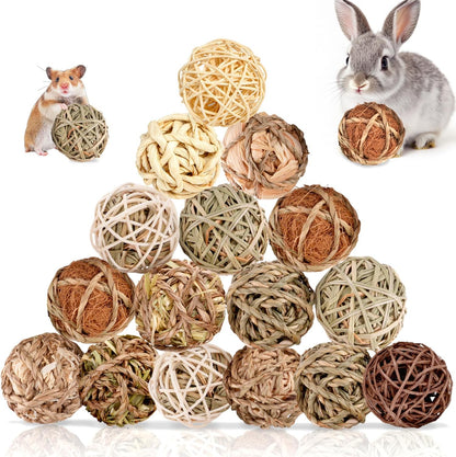Sofier Rabbit & Guinea Pig Toys 16 Pcs Chew Grass Balls Natural Chews for Rodents - Handmade Enrichment Treats for Chinchillas, Guinea Pigs