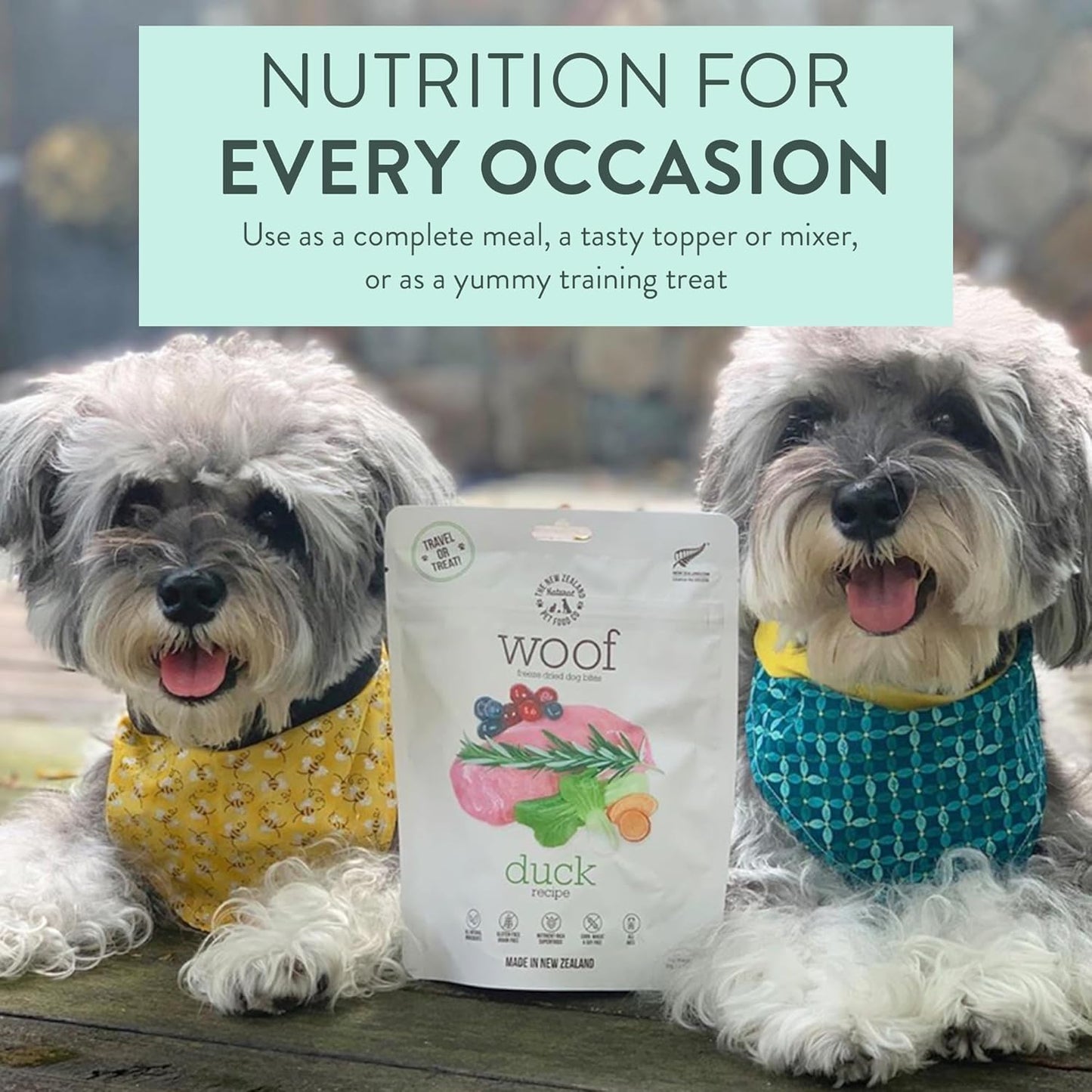 The New Zealand Natural Pet Food Co. Woof Freeze Dried Dog Food - Duck Recipe, High Protein, Complete Diet, Dog Treats, All Life Stages - 1.76 oz