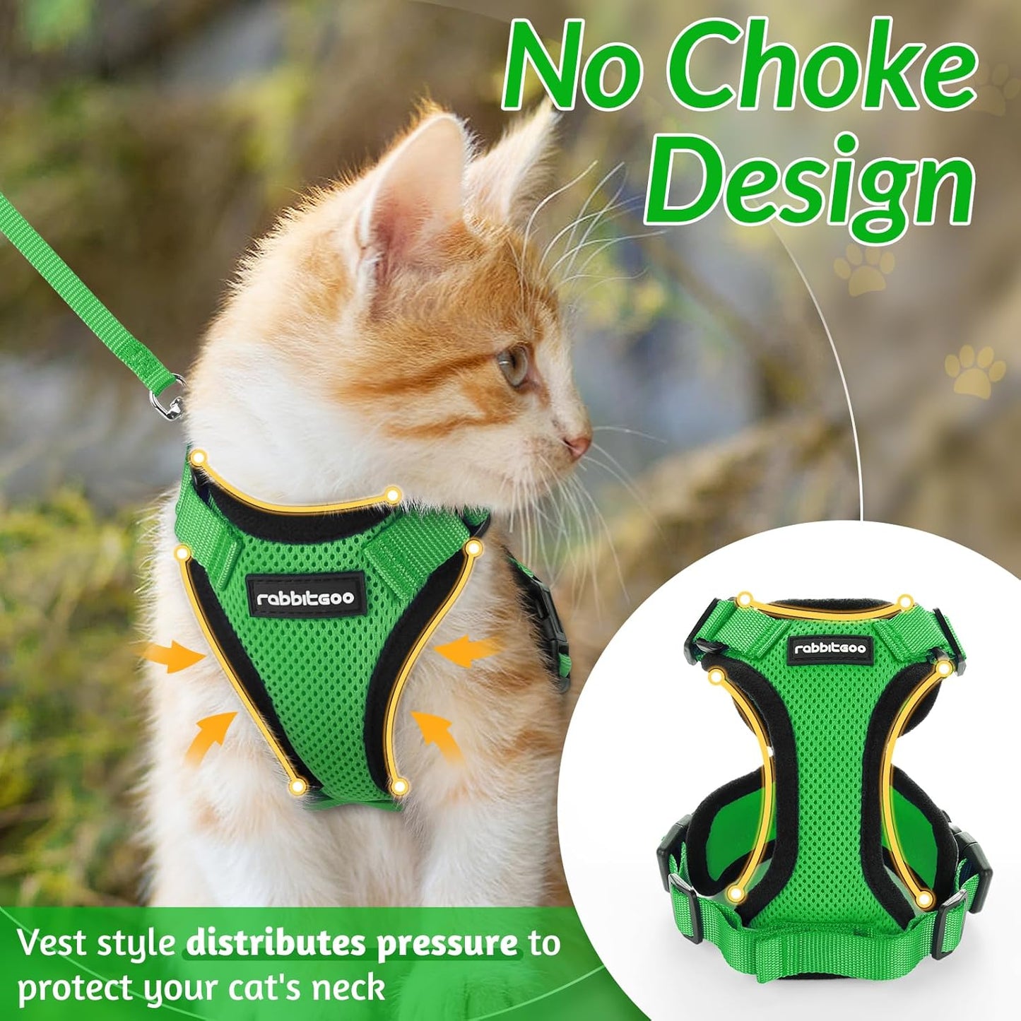 rabbitgoo Cat Harness and Leash for Walking, Escape Proof Soft Adjustable Vest Harnesses for Cats, Easy Control Breathable Reflective Strips Jacket, Grass Green,M