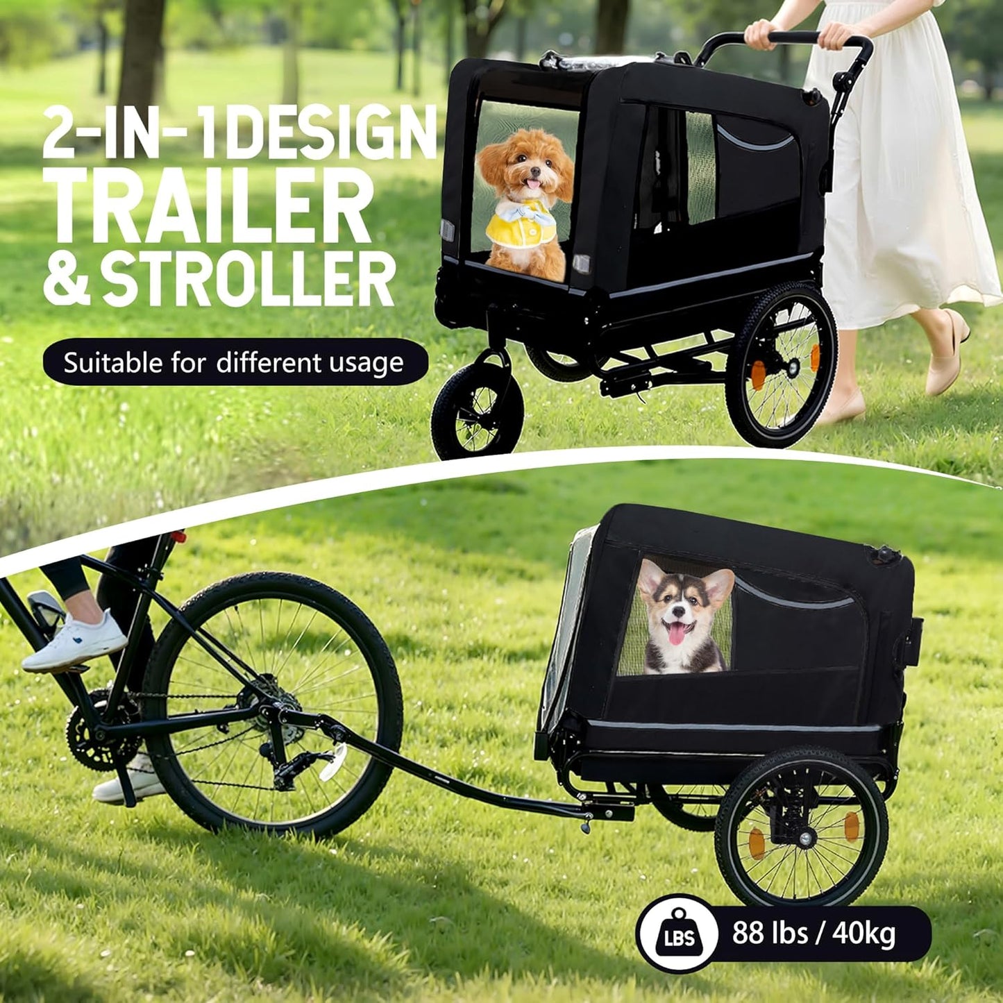 Pet Bike Trailer for Dogs, 88LBS Capacity Dog Bicycle Trailer with 20" Pneumatic Rubber Wheels, Multi-Directional Ventilation, Waterproof Cover, Perfect for Cycling with Pets