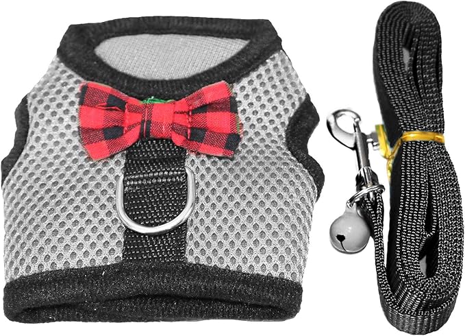 Rypet Small Animal Harness and Leash - Soft Mesh Small Pet Harness with Safe Bell, No Pull Comfort Padded Vest for Small Pet Gray S