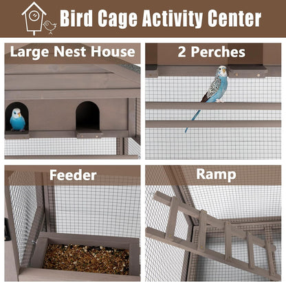 Flight Bird Cage Outdoor Large Wooden Bird Aviary Parrot Cage for Parakeet, Finches and Any Small Birds - Pull Out Wire Netting, Slide-Out Tray, 2 Perches, Nest House, 4 Wheels Include, Grey