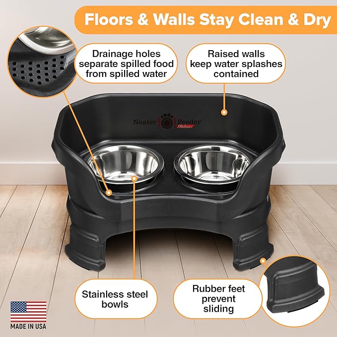 Neater Feeder Deluxe Mess Proof Dog Bowls Elevated for Small Breeds – Made in USA – No Spill Raised Dog Food Bowl Stand w/Leg Extensions – Stainless Steel Dog Food and Water Bowl Set – Black