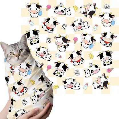 27.6" Cat Grooming Wrap, Self Adhesive Cat Wrap for Cutting Nails, Anti-Escape Calming Cat Swaddle Wrap for Medicine Ear Cleaning, Cow Anti-Scratch Cats Burrito Restraint Blanket, Pet Tool (6-10 lbs)
