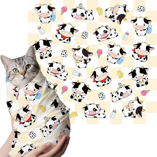 27.6" Cat Grooming Wrap, Self Adhesive Cat Wrap for Cutting Nails, Anti-Escape Calming Cat Swaddle Wrap for Medicine Ear Cleaning, Cow Anti-Scratch Cats Burrito Restraint Blanket, Pet Tool (6-10 lbs)
