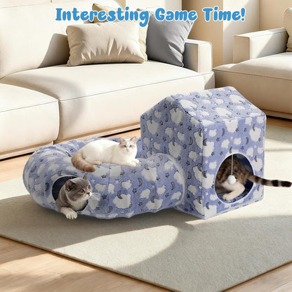 Pawaboo Cat Tunnel Bed, Cat Donut Tube with Square Kitten House, Soft Plush Cats Cave Tunnels with Washable Cushions, Foldable Kitten Bed Hideout with Fluffy Balls for Indoor Cats Rabbit Ferret, Blue