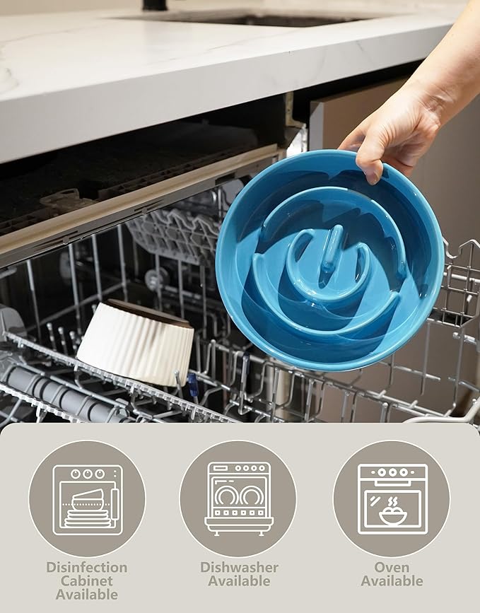 Ceramic Slow Feeder Dog Bowls Elevated, 2.0 Cups Slow Feeder for Medium and Large Dogs, Puzzle Maze Bowl to Slow Down Eating, 30oz, 8in, Blue