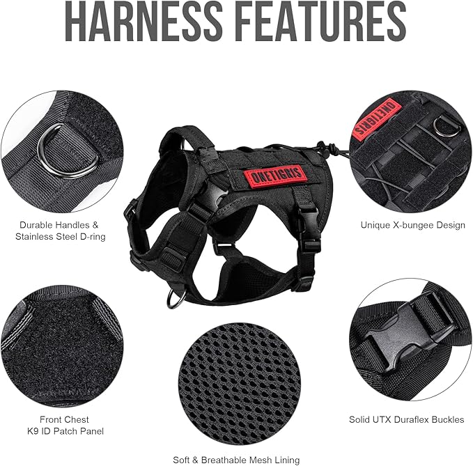 OneTigris Tactical Dog Harness Vest,No-Pull Service Dog Vest with Hook & Loop Panels,Adjustable Dog Vest Harness for Walking Hiking Training(Black,XS)