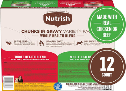 Nutrish Whole Health Blend Chunks in Gravy Variety Pack Wet Dog Food, 13 oz. Can, 12 Count (Rachael Ray)